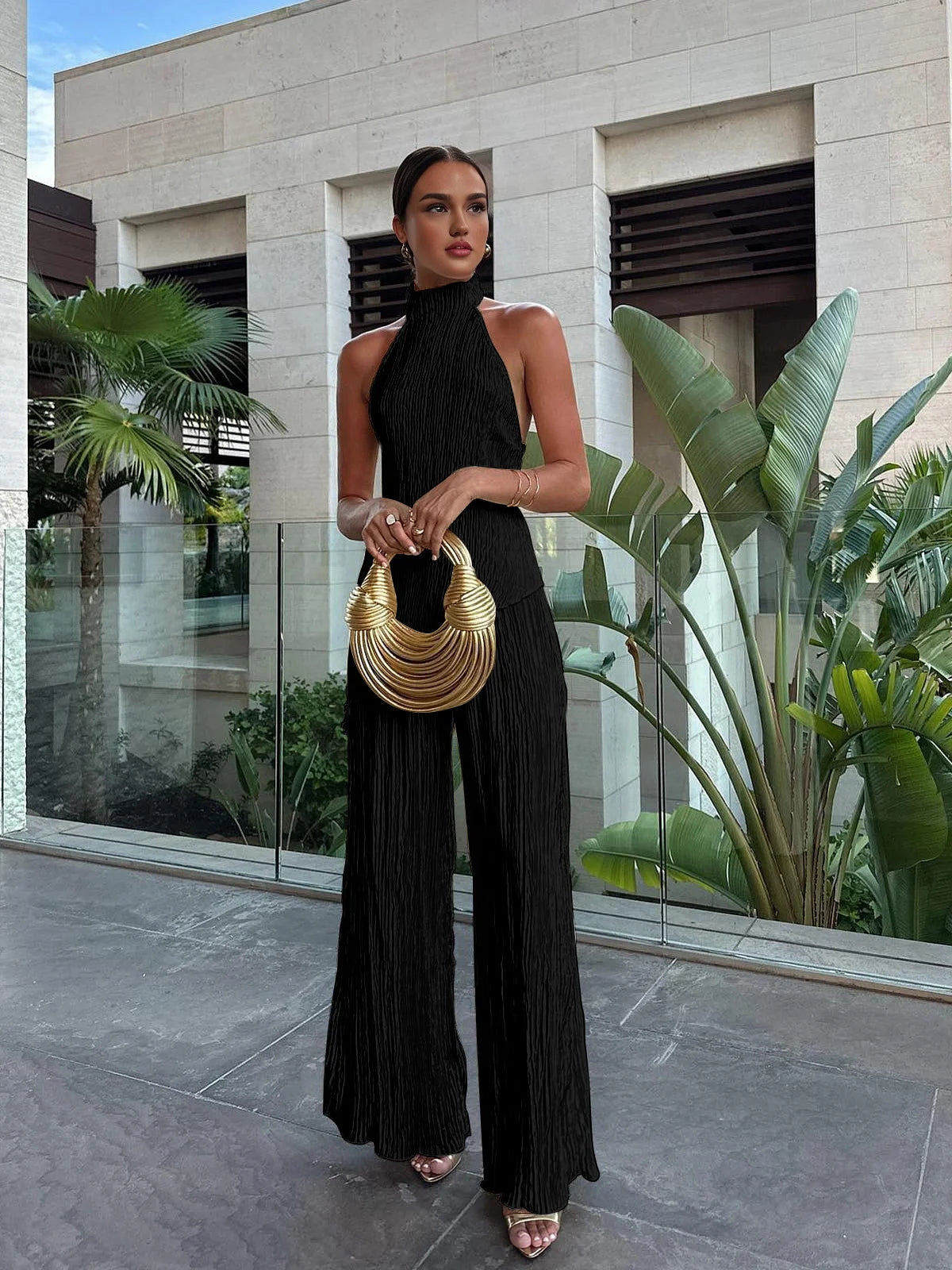 Champagne Pleated Halter Top & Wide-Leg Set