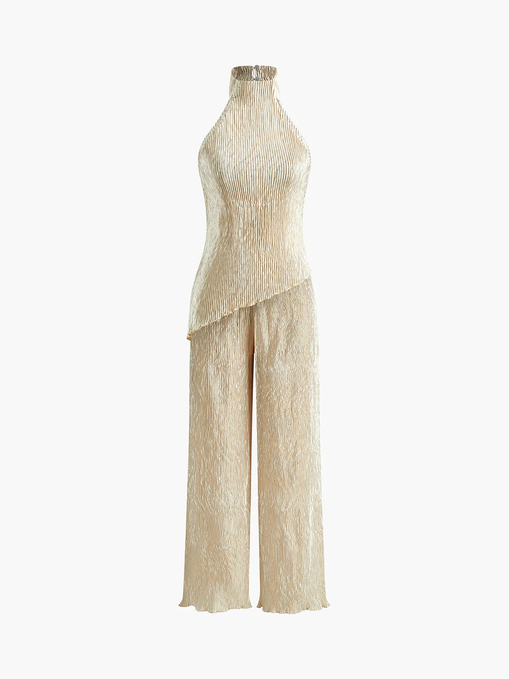 Champagne Pleated Halter Top & Wide-Leg Set